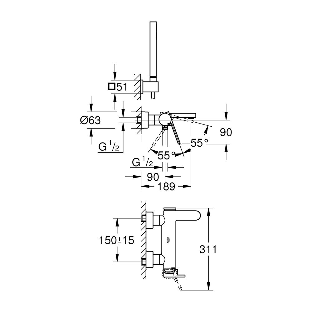 Grohe Plus Einhand-Wannenbatterie, Wandmontage, mit Euphoria Cube Brausegarnitur, Chrom... GROHE-33547003 4005176529818 (Abb. 9)
