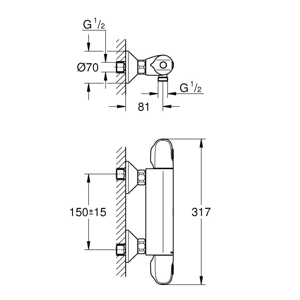 Grohe Grohtherm 1000 Thermostat-Brausebatterie, 1/2", Wandmontage, SafeStop, eigensiche... GROHE-34143003 4005176309618 (Abb. 3)