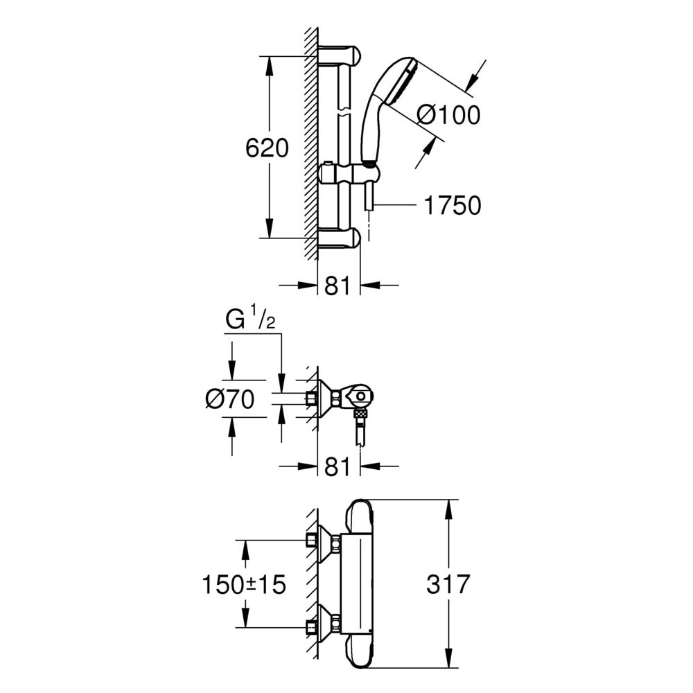 Grohe Grohtherm 1000 Thermostat-Brausebatterie 1/2" mit Tempesta Brausegarnitur II 600m... GROHE-34151004 4005176456664 (Abb. 3)