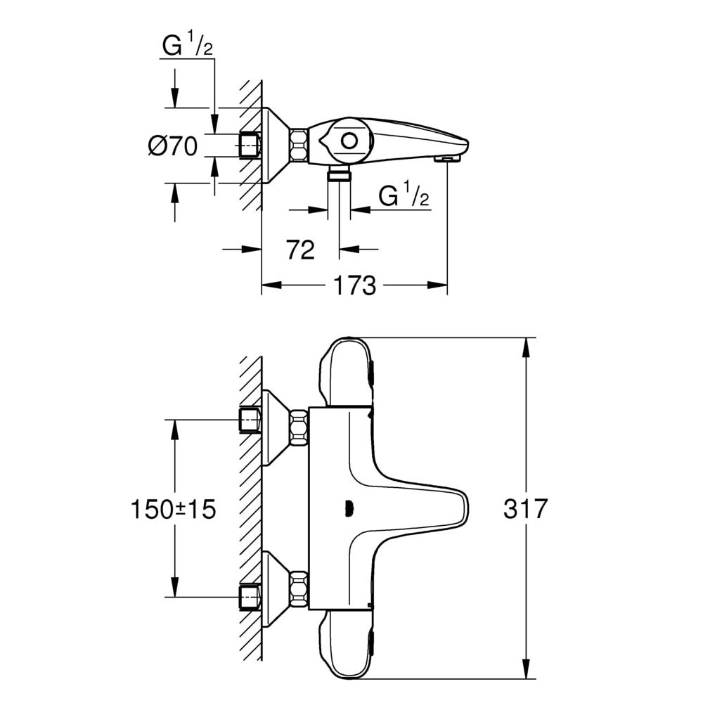 Grohe Grohtherm 1000 Thermostat-Wannenbatterie, Wandmontage, SafeStop, eigensicher, Chr... GROHE-34155003 4005176310027 (Abb. 3)