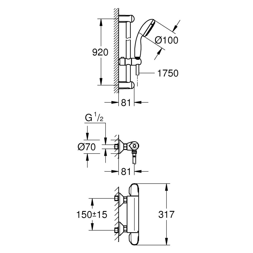 Grohe Grohtherm 1000 Thermostat-Brausebatterie 1/2" mit Tempesta Brausegarnitur II 900m... GROHE-34256004 4005176456671 (Abb. 3)
