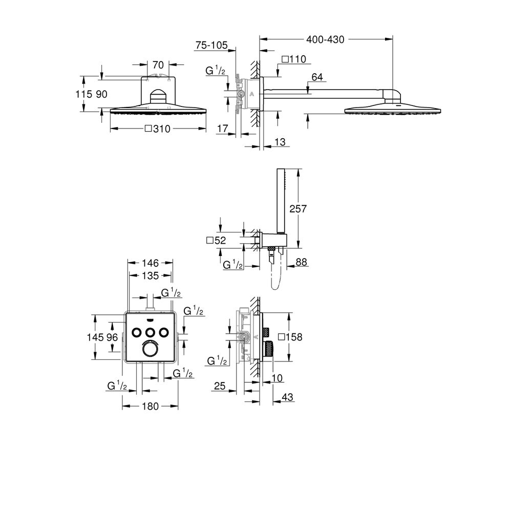 Grohe Duschsystem Unterputz SmartControl, Unterputzmischer 3 Absperrventile, eckige Fo... GROHE-34712000 4005176413810 (Abb. 13)