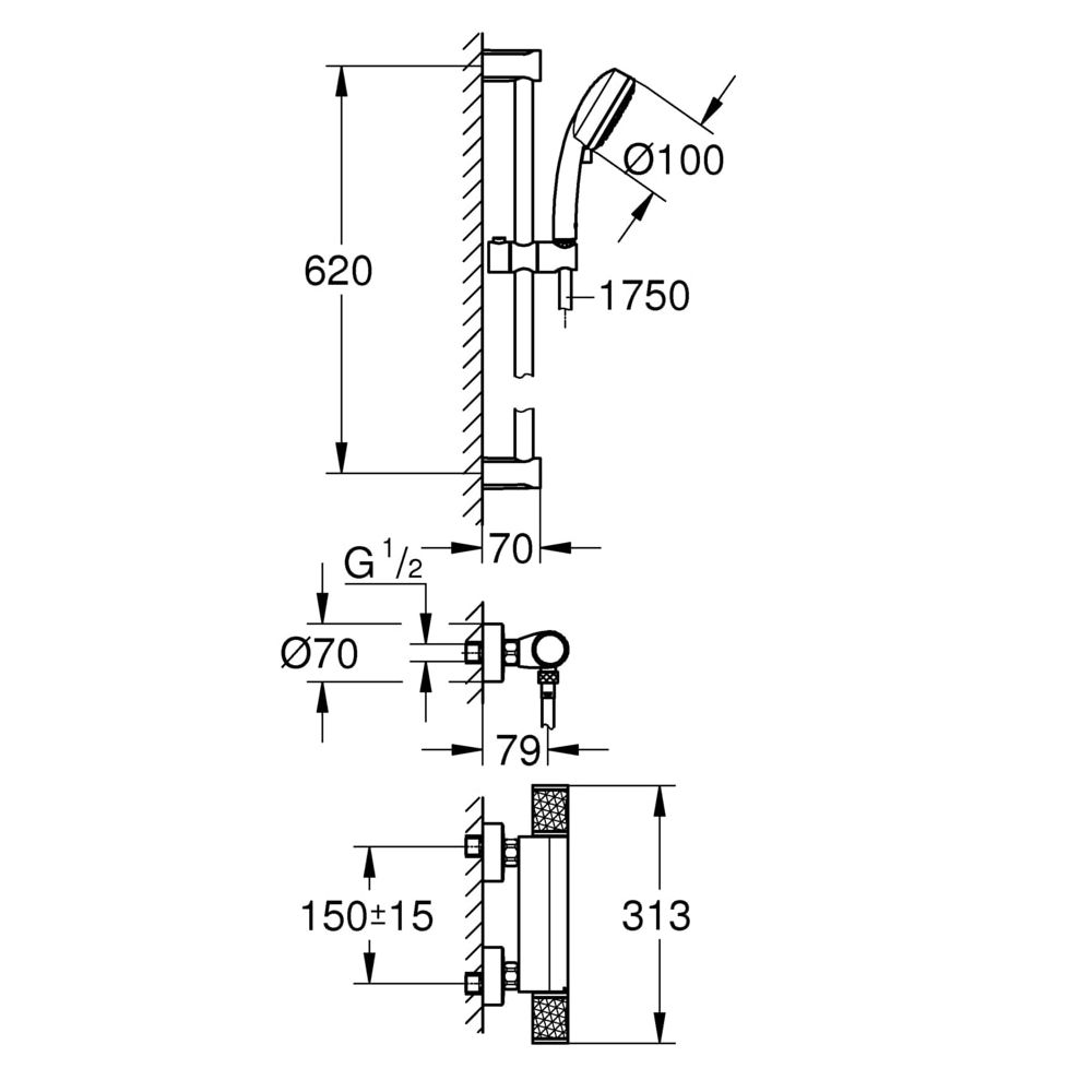 Grohe Grohtherm 1000 Performance Thermostat-Brausebatterie, Brausegarnitur 600mm, Chrom... GROHE-34783000 4005176613005 (Abb. 3)