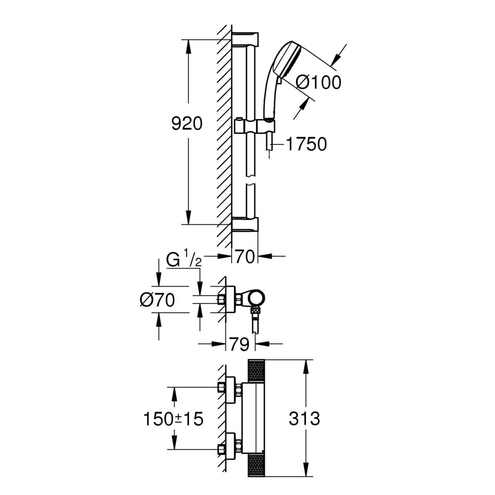 Grohe Grohtherm 1000 Performance Thermostat-Brausebatterie, mit Tempesta Cosmopolitan 100 Brausegarn... GROHE-34784000  (Abb. 3)