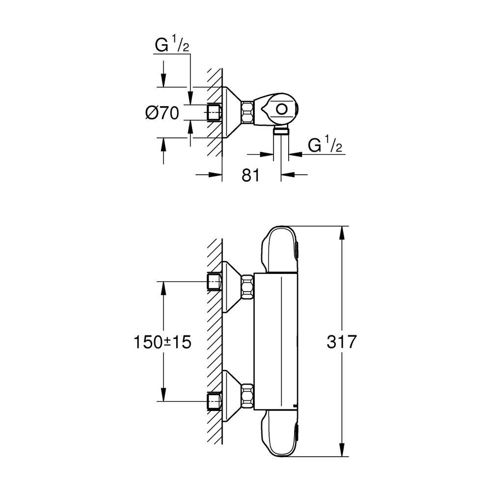 Grohe Grohtherm 1000 Thermostat-Brausebatterie, Wandmontage, Professional Edition, Mat... GROHE-348142433 4067393030232 (Abb. 3)