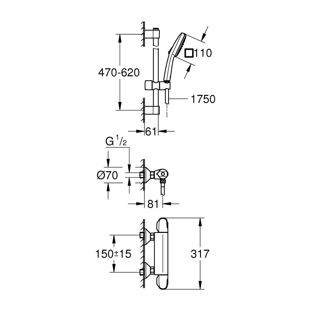 Grohe Grohtherm 1000 Thermostat-Brausebatterie, mit Tempesta Brausestangenset 600mm, 2 ... GROHE-34820005 4005176766343 (Abb. 3)