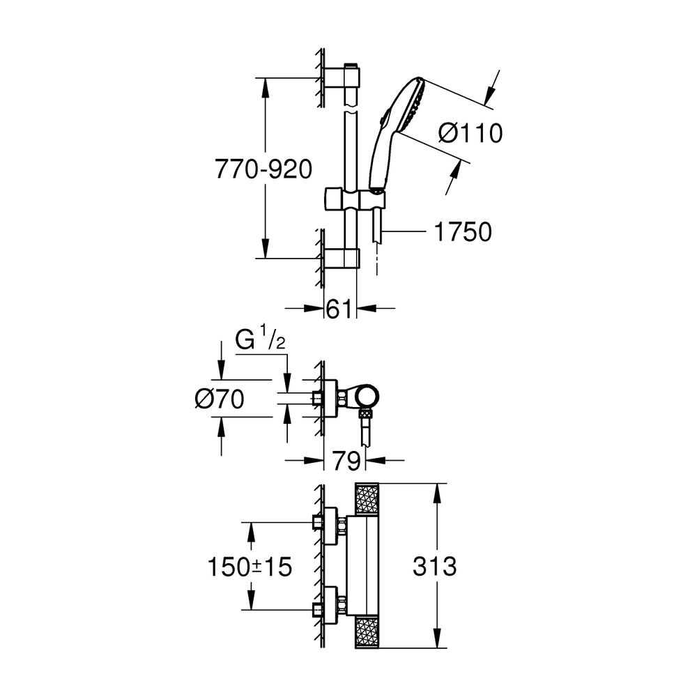 Grohe Grohtherm 1000 Performance Thermostat-Brausebatterie, mit Tempesta Brausestangens... GROHE-34835001 4005176766428 (Abb. 3)