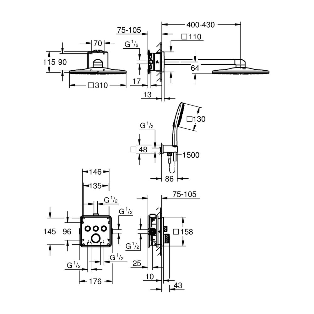 Grohe Grohtherm SmartControl Unterputz Duschsystem Thermostat eckige Form Hard Graphite... GROHE-34864AL0 4005176790843 (Abb. 3)