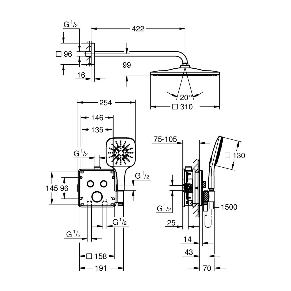 Grohe Grohtherm SmartControl Unterputz Duschsystem Thermostat eckige Form Chrom, 2 Absp... GROHE-34865000 4005176789946 (Abb. 3)