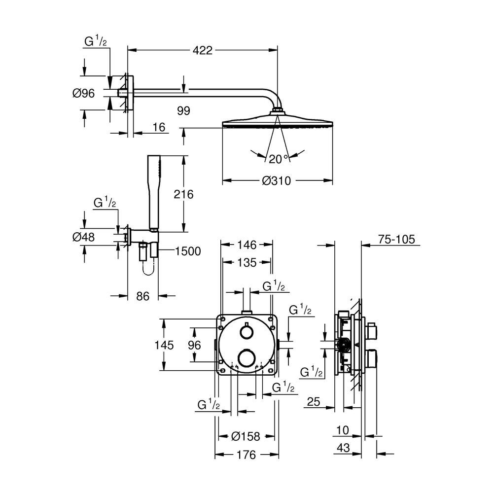 Grohe Grotherm UP-Duschsystem Rainshower Mono 310 Kopfbrause UP-Batt. 2 Abgänge Euphori... GROHE-34869000 4005176791581 (Abb. 3)