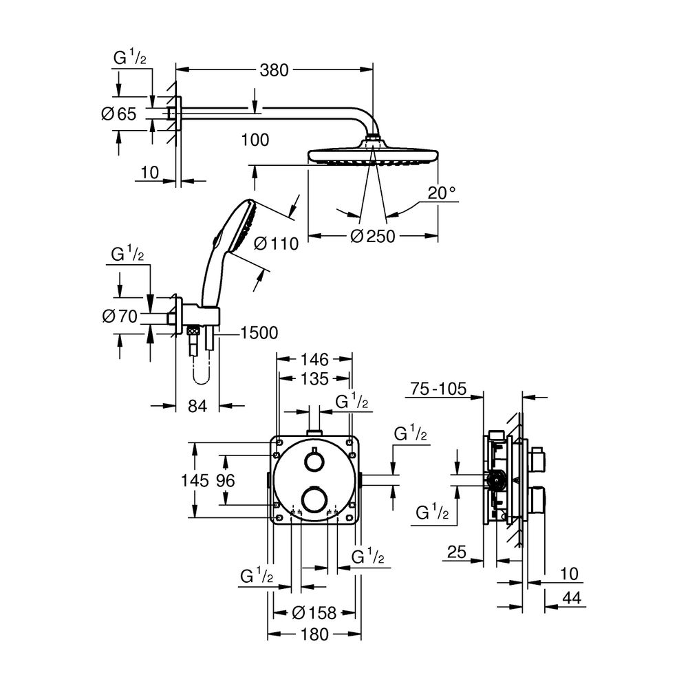 Grohe Grotherm UP-Duschsystem Tempesta 250 Kopfbrause UP-Batt. 2-Wege SmartBox Tempesta... GROHE-34872000 4005176791611 (Abb. 3)