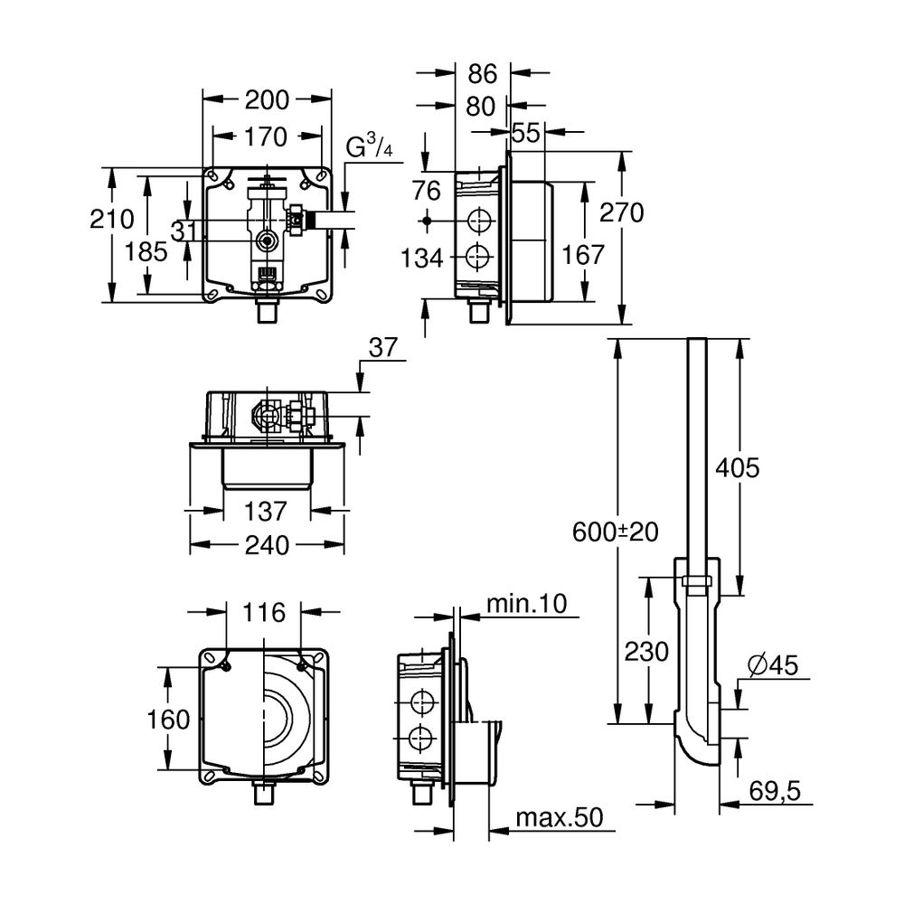 Grohe WC-Druckspüler Wandeinbau DN 20 Vorabsperrung ohne Abdeckplatte, 37153000... GROHE-37153000 4005176142864 (Abb. 6)