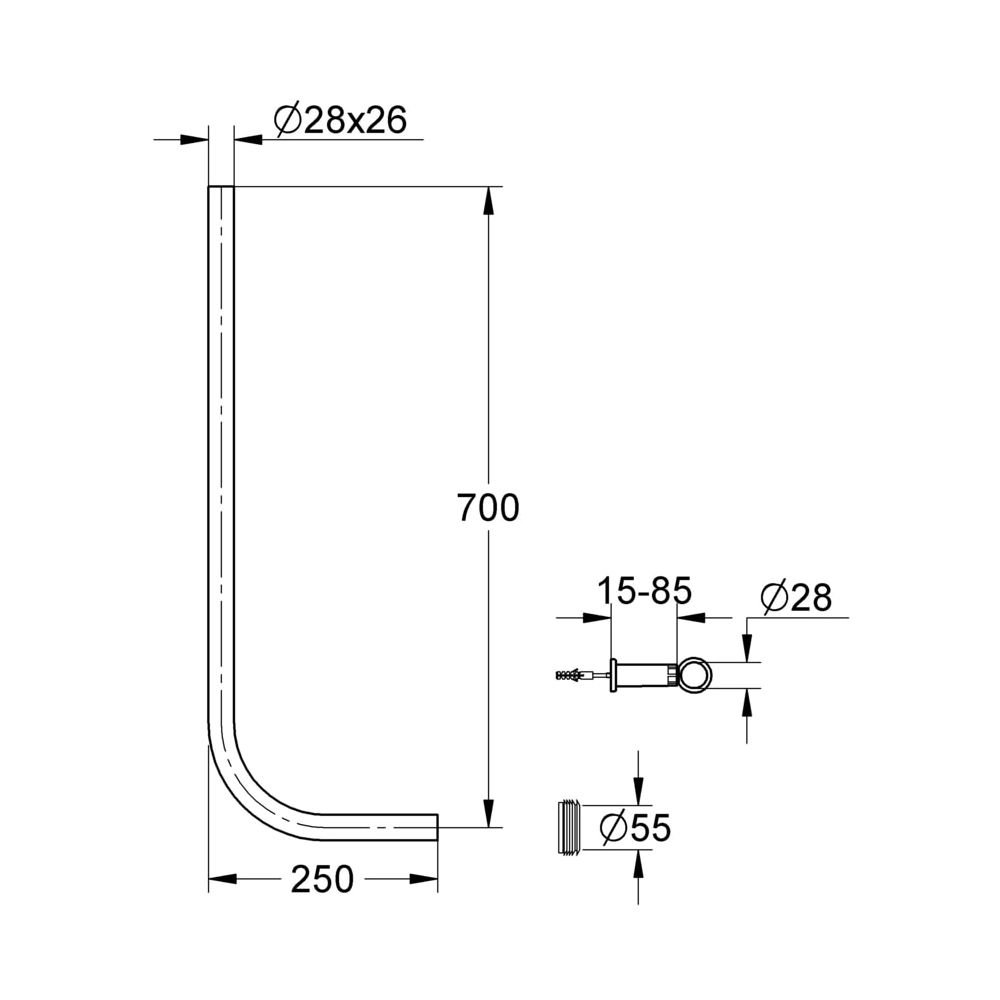 Grohe Spülrohr für WC-Druckspüler, gerade, Messing, D 28x26mm, 700x250mm, Chrom, 38251000... GROHE-38251000  (Abb. 3)