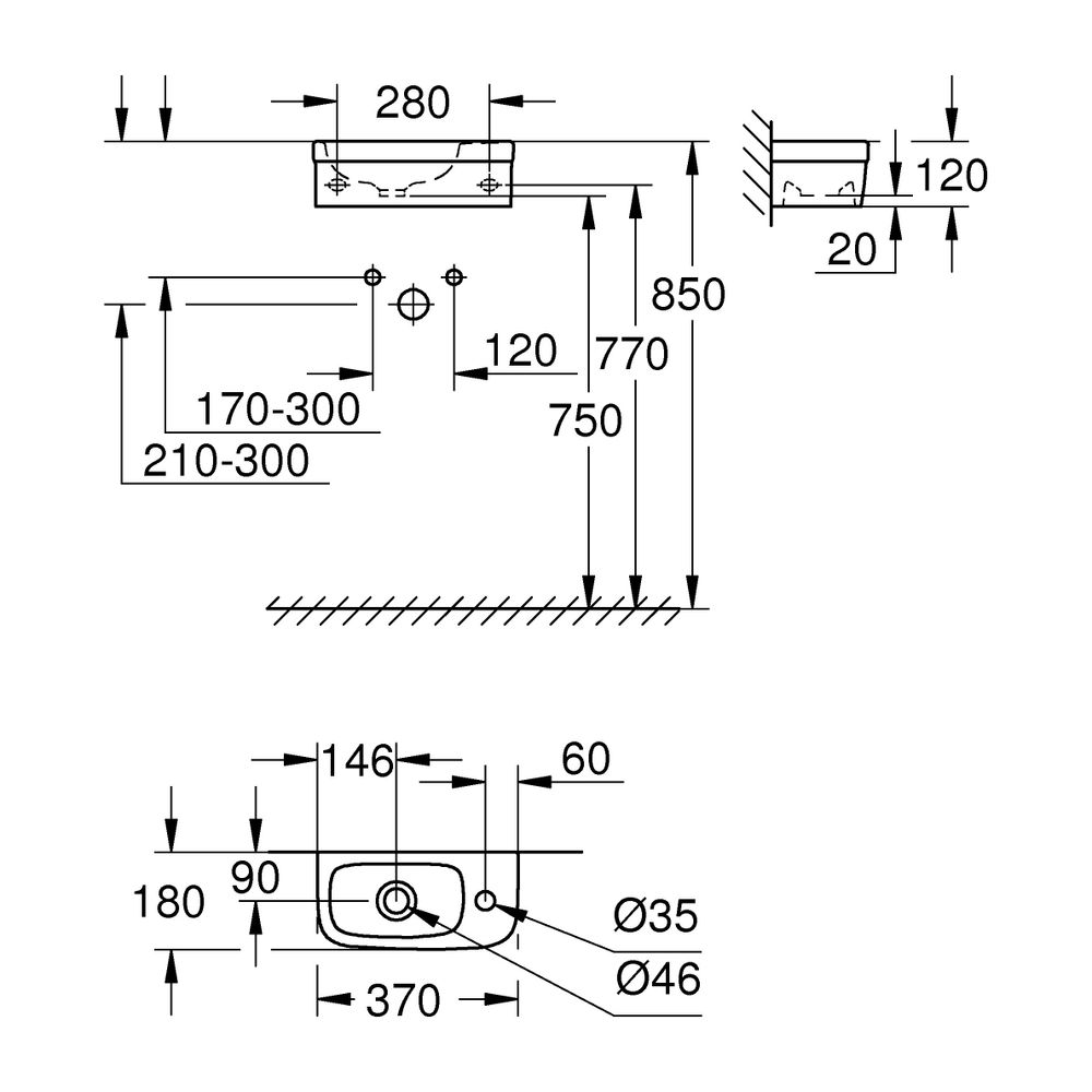Grohe Mini-Handwaschbecken Euro Keramik, wandhängend, 370x180mm, 1 Hahnloch, aus Sanitä... GROHE-39327000 4005176390104 (Abb. 5)
