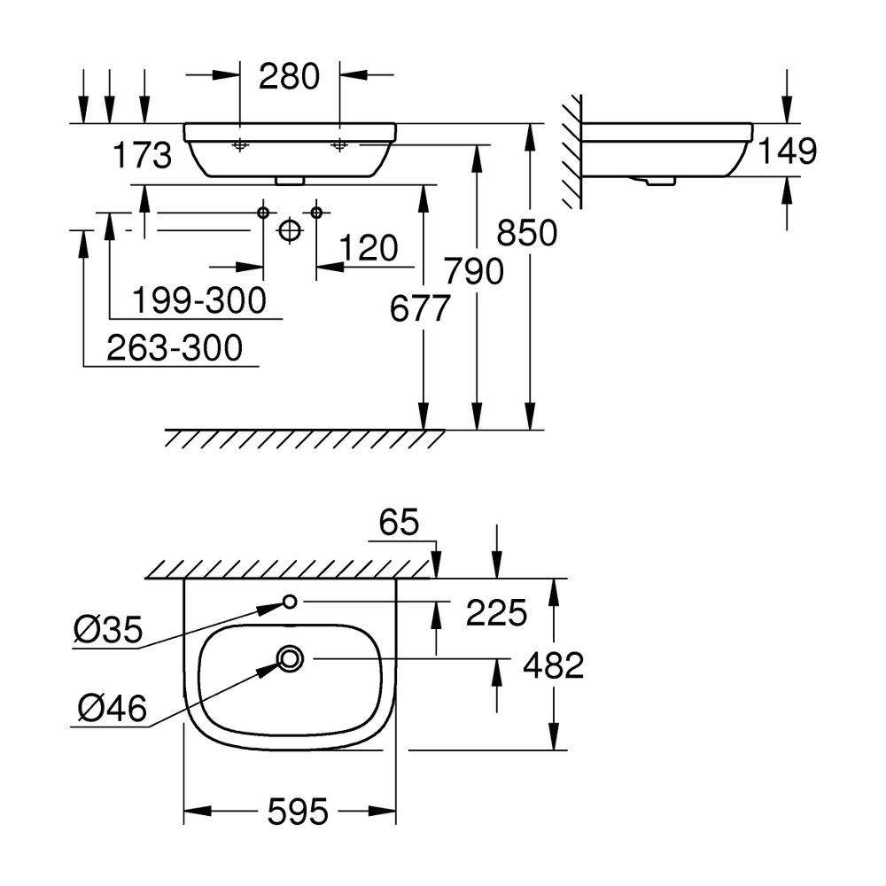 Grohe Euro Keramik Waschtisch, wandhängend, 600x480mm, 1 Hahnloch, mit Überlauf, aus Sa... GROHE-39335000 4005176407239 (Abb. 9)