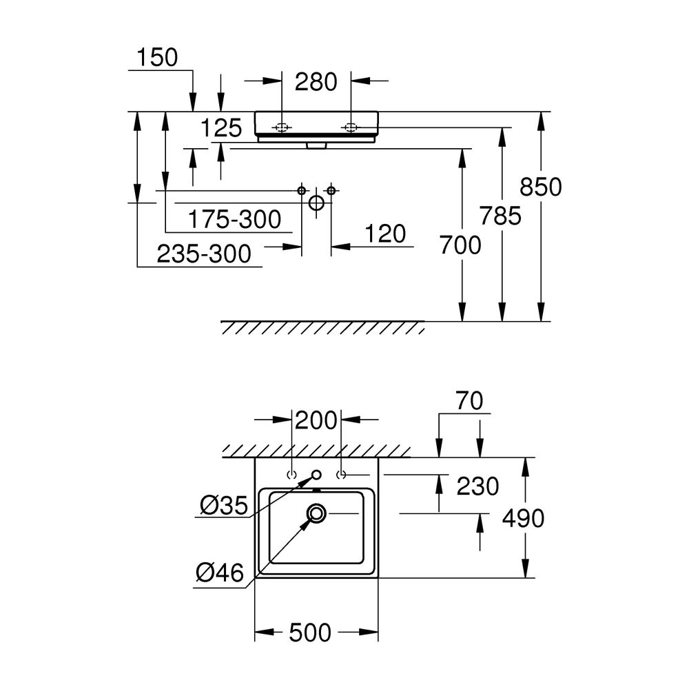 Grohe Cube Keramik Waschtisch, wandhängend, 500x490mm, 1 Hahnloch, 2 weitere vorgestoch... GROHE-3947400H 4005176438387 (Abb. 7)