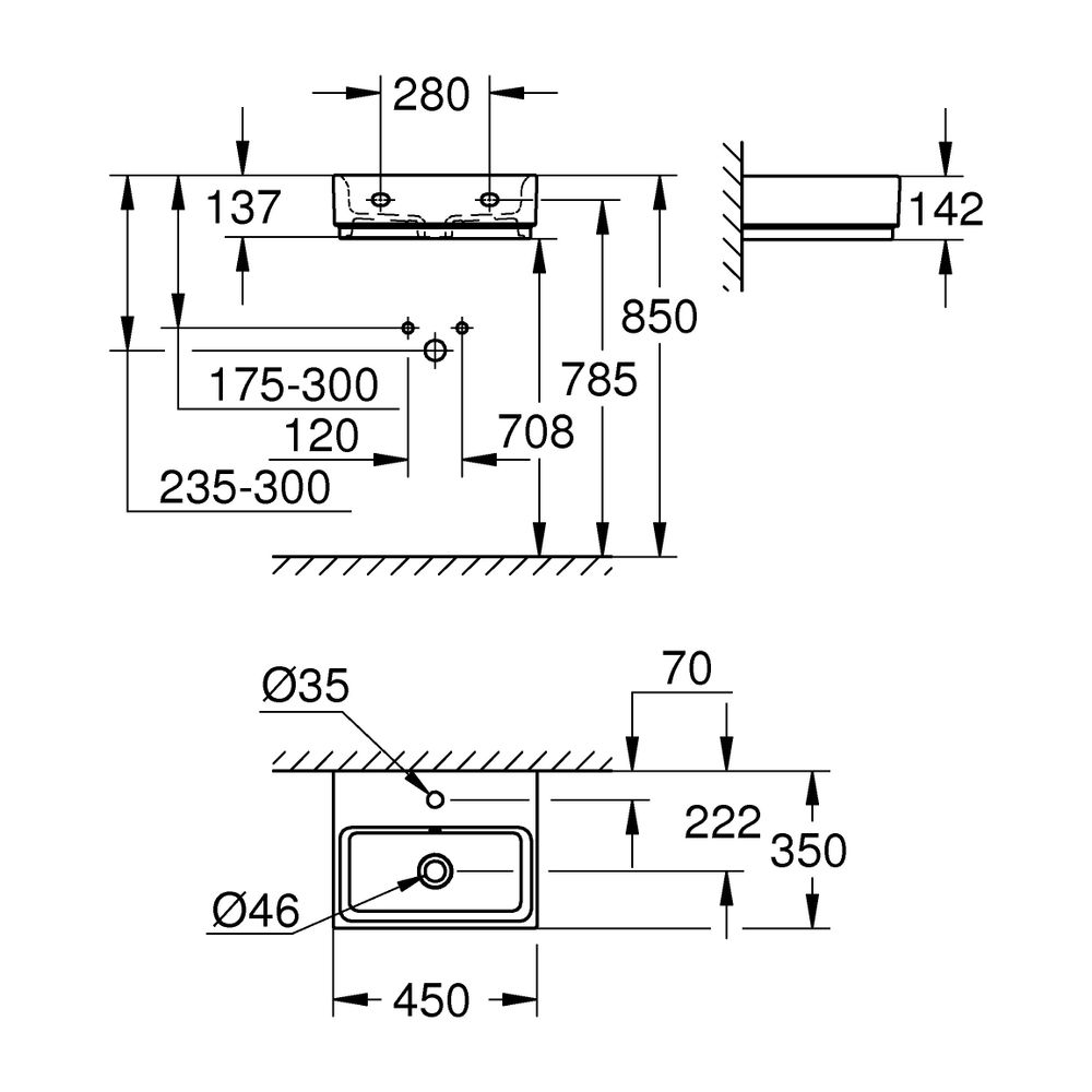 Grohe Cube Keramik Handwaschbecken, wandhängend, 455x350mm, 1 Hahnloch, mit Überlauf, P... GROHE-3948300H 4005176442674 (Abb. 6)