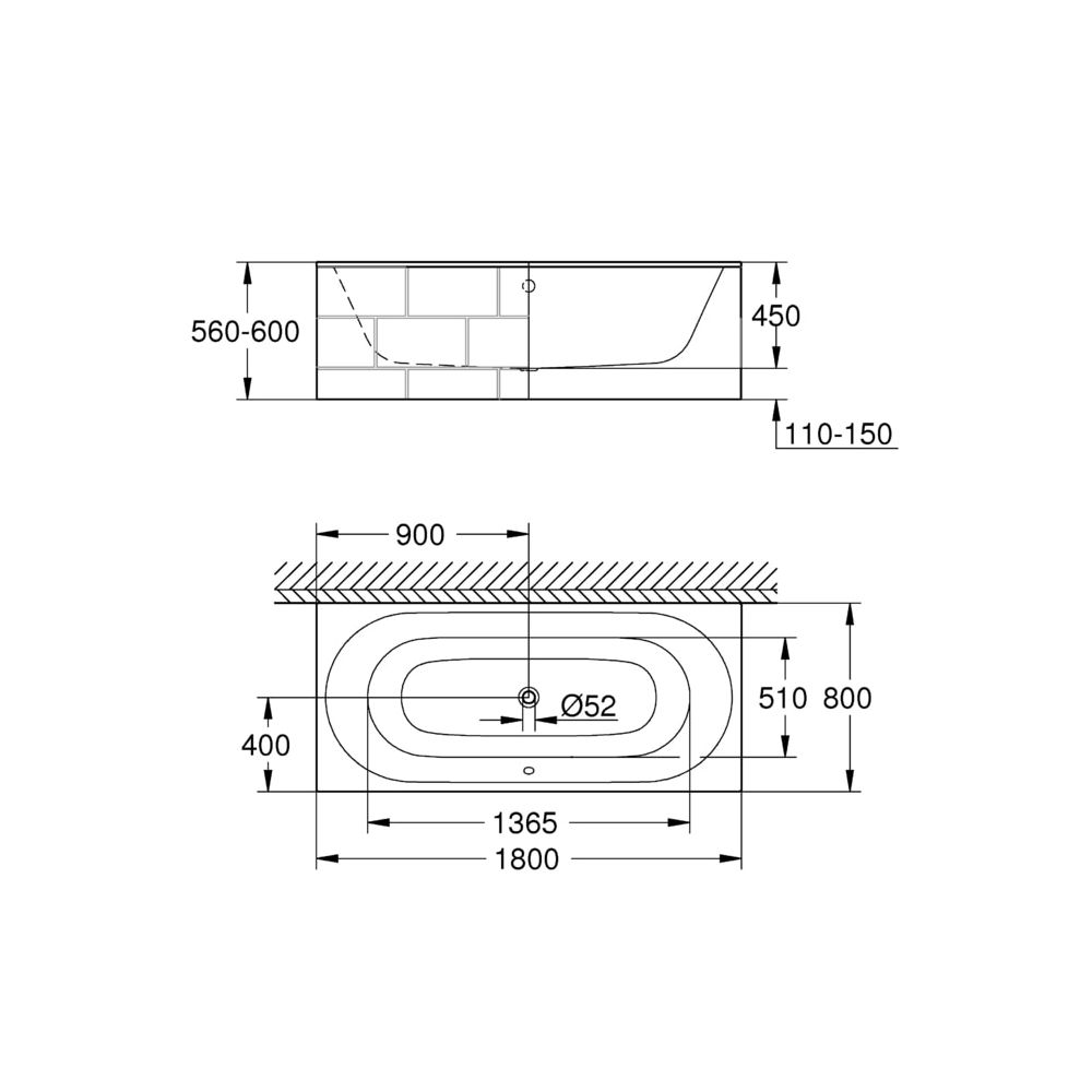 Grohe Essence Badewanne, Montage von oben, 180x80cm, Höhe 45cm, mit Überlauf, mit AntiSlip, Titan-St... GROHE-39619000  (Abb. 3)
