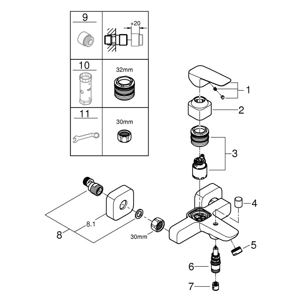 Grohe Cubeo Einhand-Wannenbatterie, Wandmontage, mit S-Anschlüsse, Wandrosette, eigen... GROHE-1018130000 4067393011590 (Abb. 4)