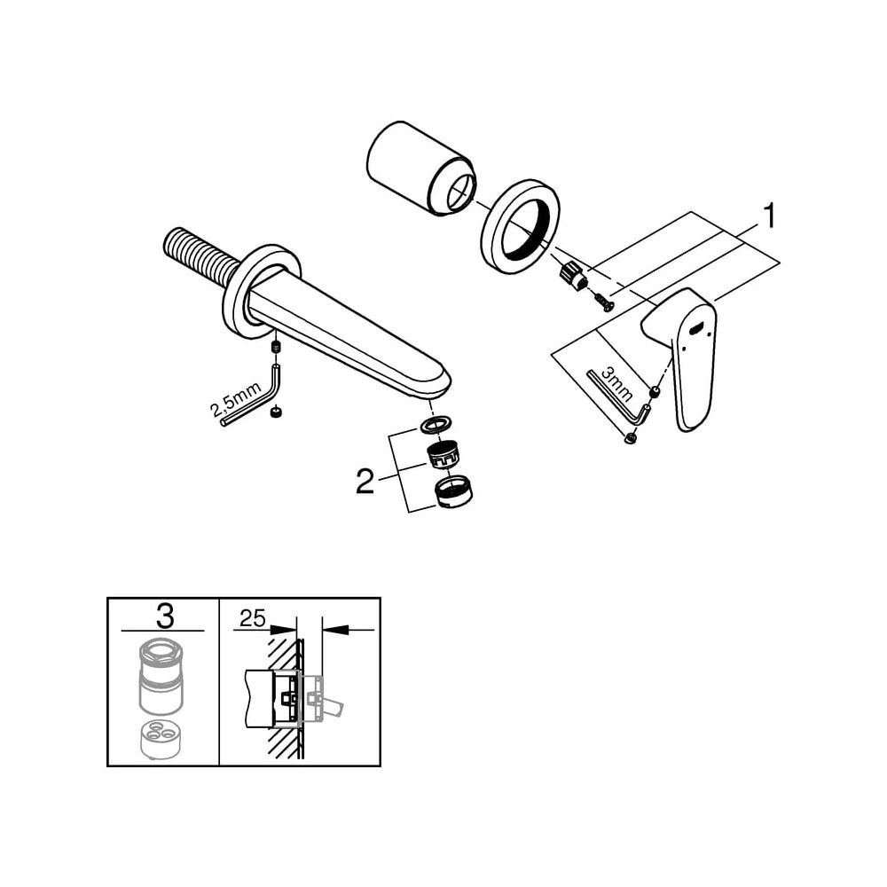 Grohe Eurocube 2-Loch-Waschtischbatterie, Wandmontage, Fertigmontageset, 231mm Ausladu... GROHE-19573002 4005176887659 (Abb. 10)