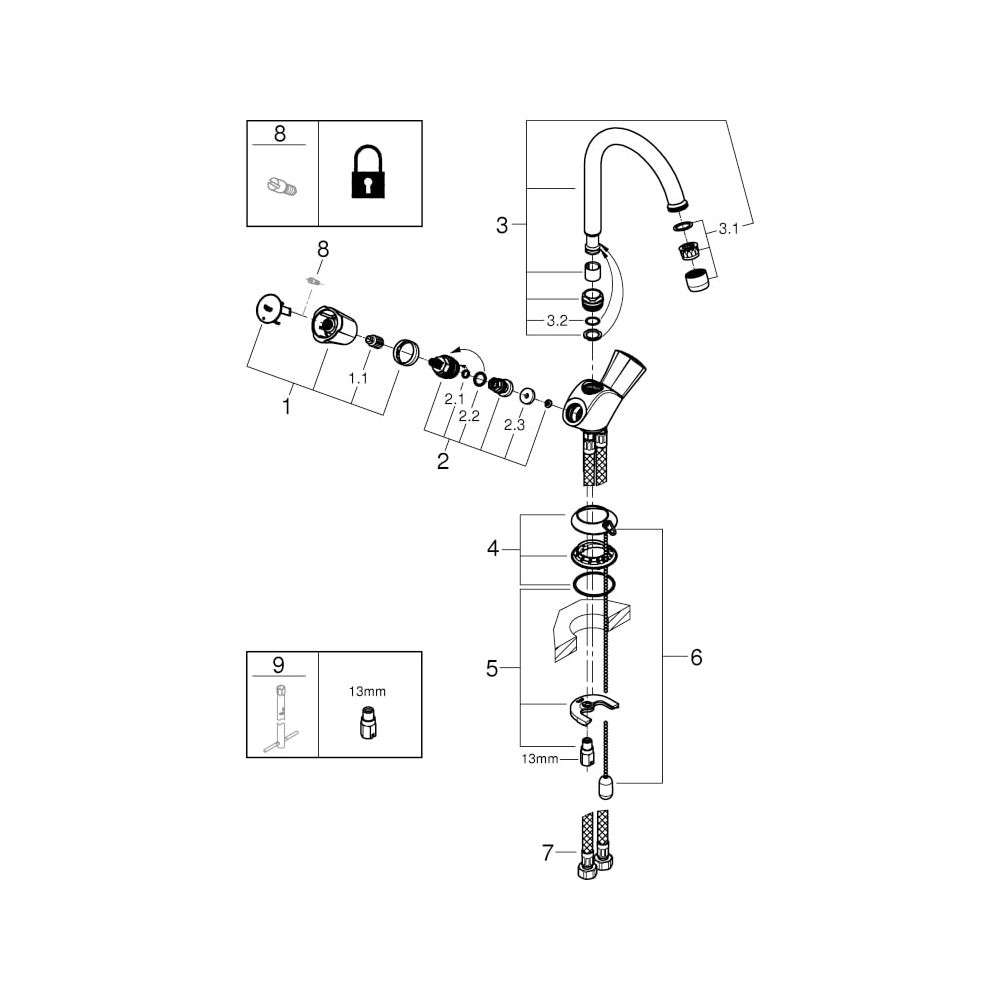 Grohe Costa Waschtisch-Einlochbatterie Schwenkauslauf versenkbare Kette, Chrom, 2133700... GROHE-21337001 4005176843020 (Abb. 6)