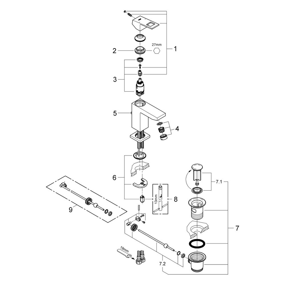 Grohe Eurocube Einhand-Waschtischbatterie, S-Size, 1 1/4" Zugstangen-Garnitur, Hard Gr... GROHE-23127AL0 4005176584640 (Abb. 13)
