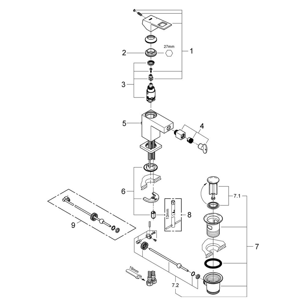 Grohe Eurocube Einhand-Bidetbatterie, 1-Loch-Montage, 1 1/4" Zugstangen-Garnitur, Chrom... GROHE-23138000 4005176901133 (Abb. 6)