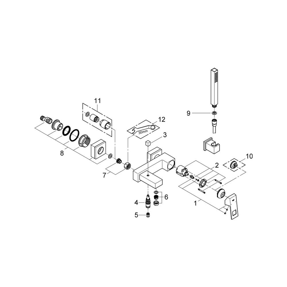 Grohe Eurocube Einhand-Wannenbatterie, Wandmontage, mit Handbrause Cube, eigensicher, C... GROHE-23141000 4005176901164 (Abb. 6)
