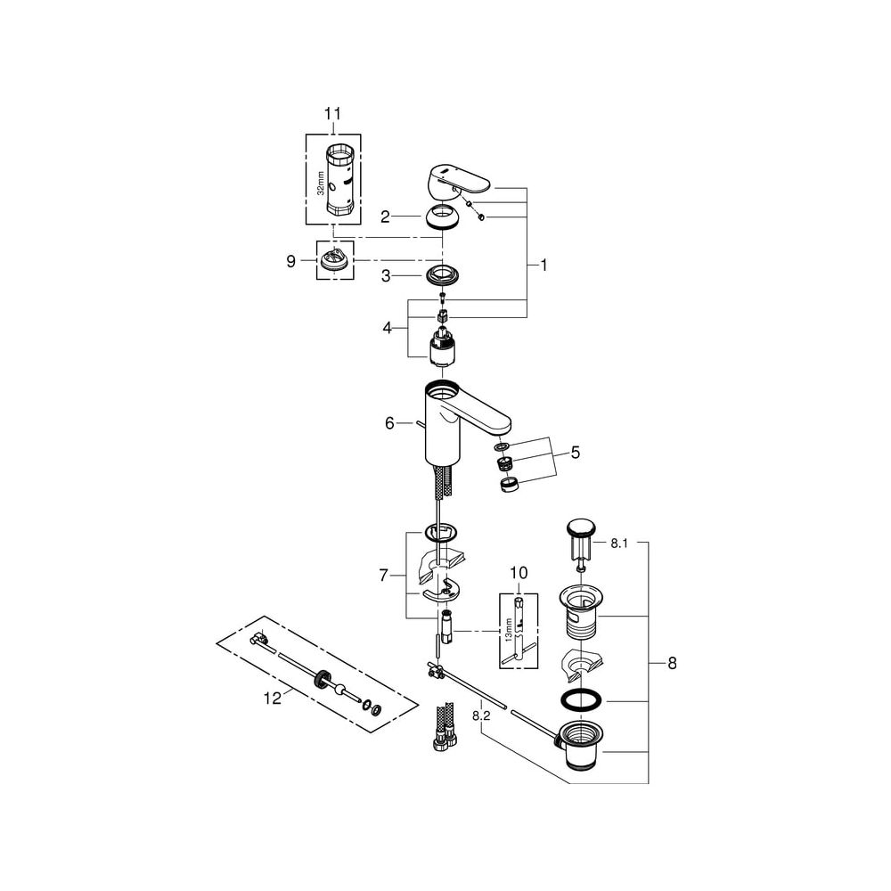 Grohe Eurosmart Cosmopolitan Einhand-Waschtischbatterie, M-Size, 1 1/4" Zugstangen-Garn... GROHE-23325000 4005176933974 (Abb. 8)