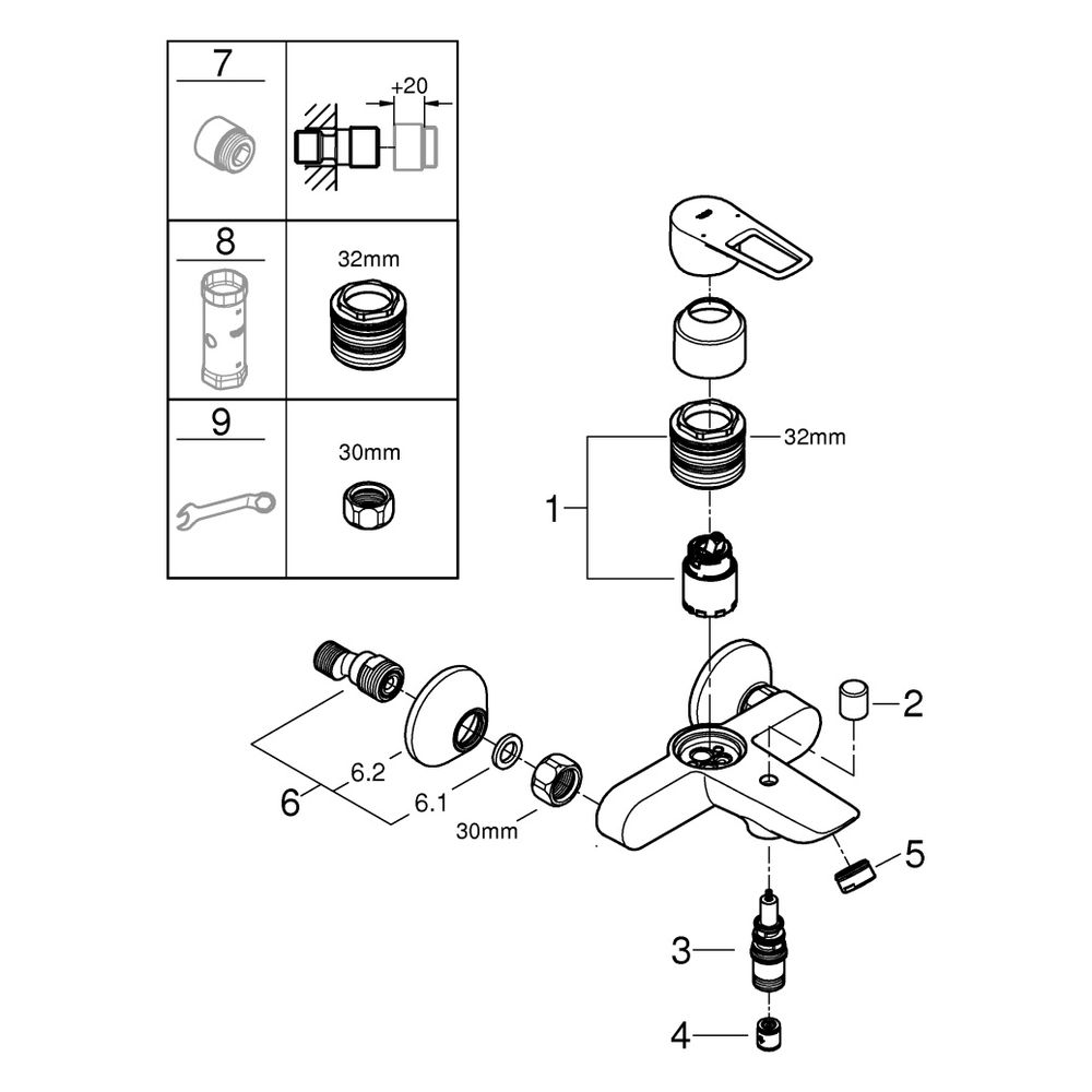 Grohe BauLoop Einhand-Wannenbatterie Wandmontage, mit Temperaturbegrenzer, S-Anschlüsse... GROHE-23602001 4005176556029 (Abb. 8)