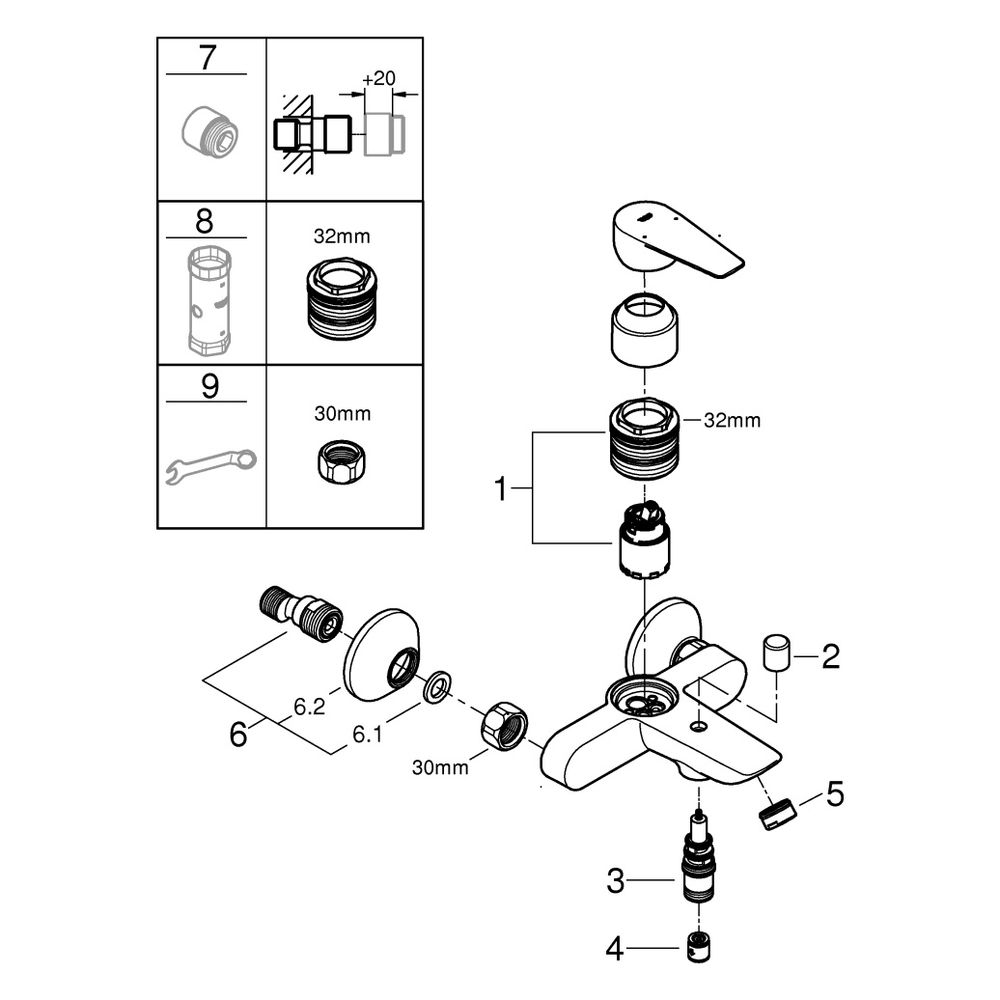 Grohe BauEdge Wannenbatterie, Wandmontage, Einhand, mit Temperaturbegrenzer, Chrom, 236... GROHE-23604001 4005176556593 (Abb. 8)