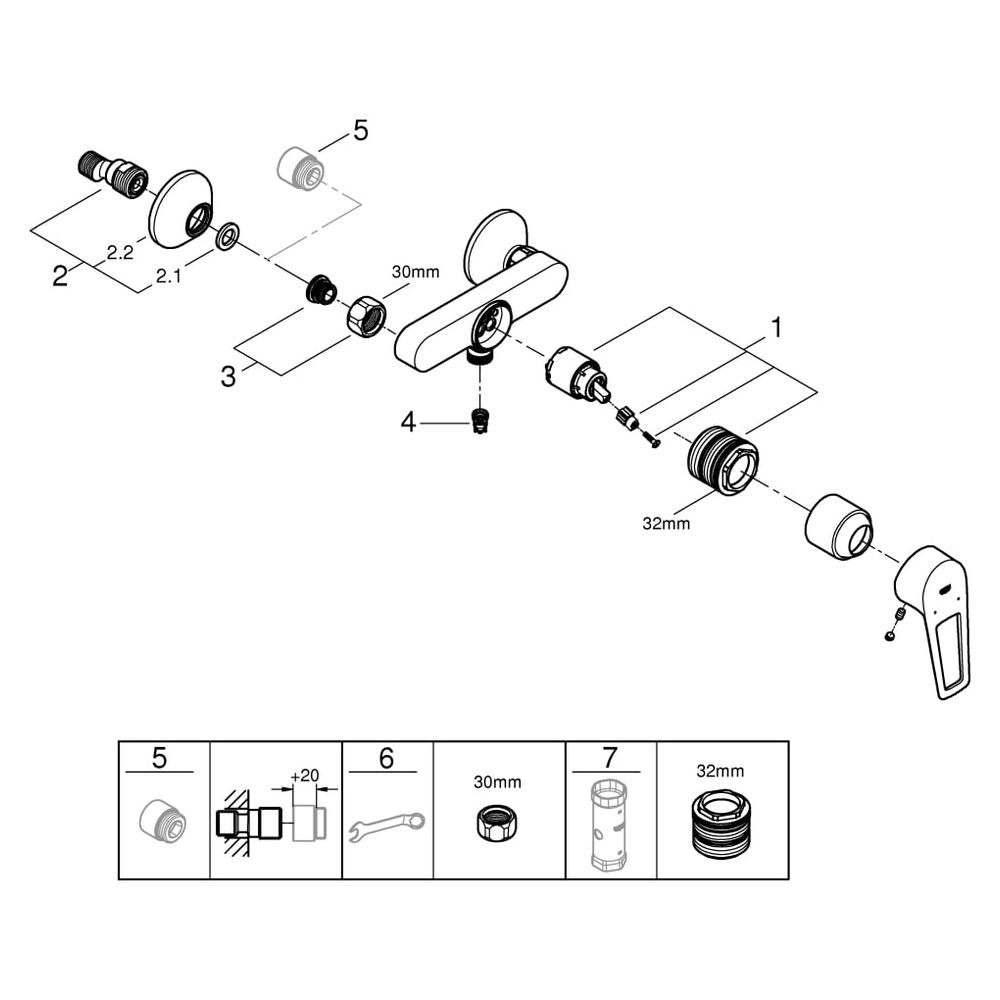 Grohe BauLoop 1-Loch-Einhand-Brausebatterie, mit Temperaturbegrenzer, S-Anschlüsse, Wan... GROHE-23633001 4005176555923 (Abb. 9)