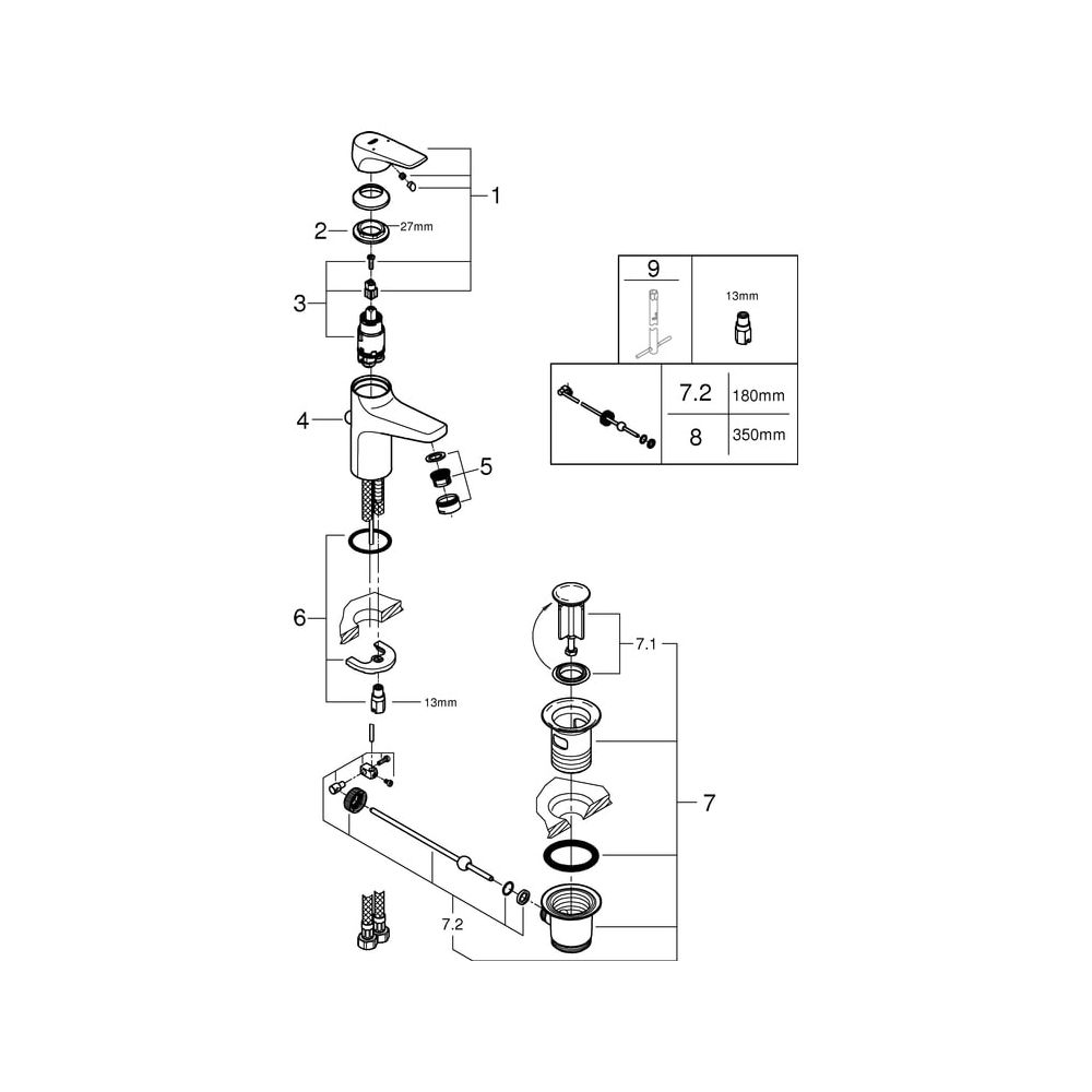 Grohe BauFlow 1-Loch-Einhand-Waschtischbatterie, S-Size, mit Zugstangen-Garnitur 1 1/4"... GROHE-23751000 4005176388149 (Abb. 6)