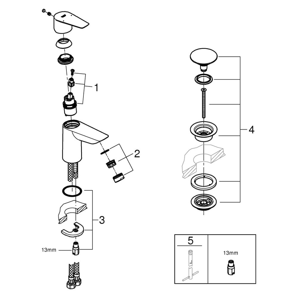 Grohe BauEdge Waschtischarmatur S-Size Einlochmontage Einhand, mit Temperaturbegrenzer,... GROHE-23896001 4005176554919 (Abb. 8)