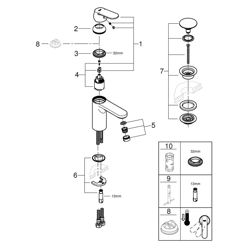 Grohe Eurosmart Cosmopolitan Einhand-Waschtischbatterie, M-Size, glatter Körper, Push-O... GROHE-23926000 4005176583360 (Abb. 6)