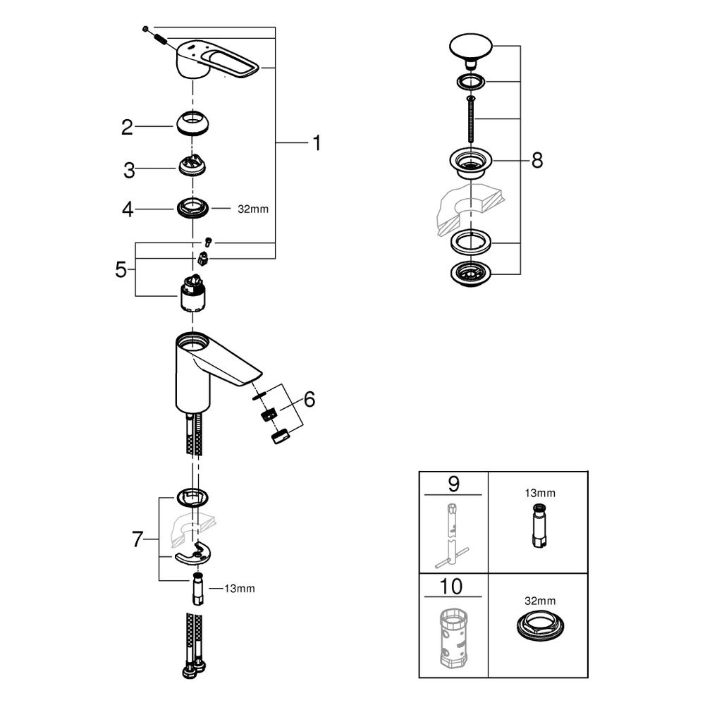 Grohe Eurosmart Einhand-Waschtischbatterie, S-Size, offener Metall-Hebelgriff, glatter... GROHE-23980003 4005176644207 (Abb. 10)
