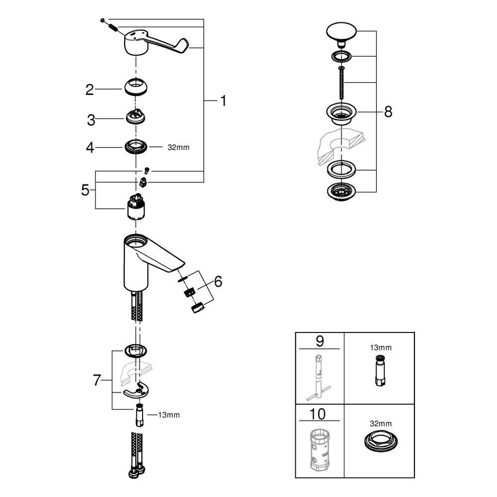 Grohe Eurosmart Einhand-Waschtischbatterie, S-Size, glatter Körper, Push-Open-Garnitur... GROHE-23982003 4005176644245 (Abb. 11)
