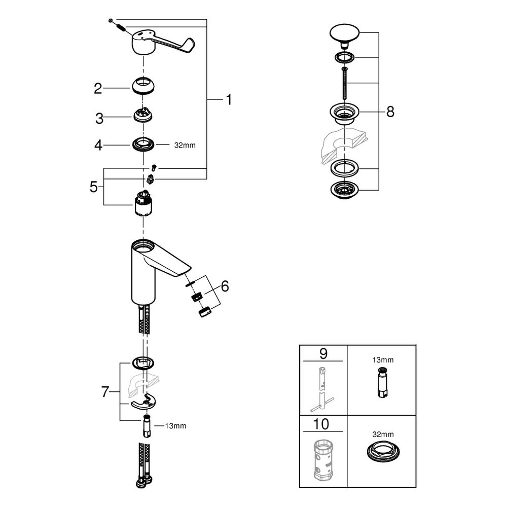 Grohe Eurosmart Einhand-Waschtischbatterie, M-Size, glatter Körper, Push-Open-Garnitur,... GROHE-23983003 4005176644313 (Abb. 7)