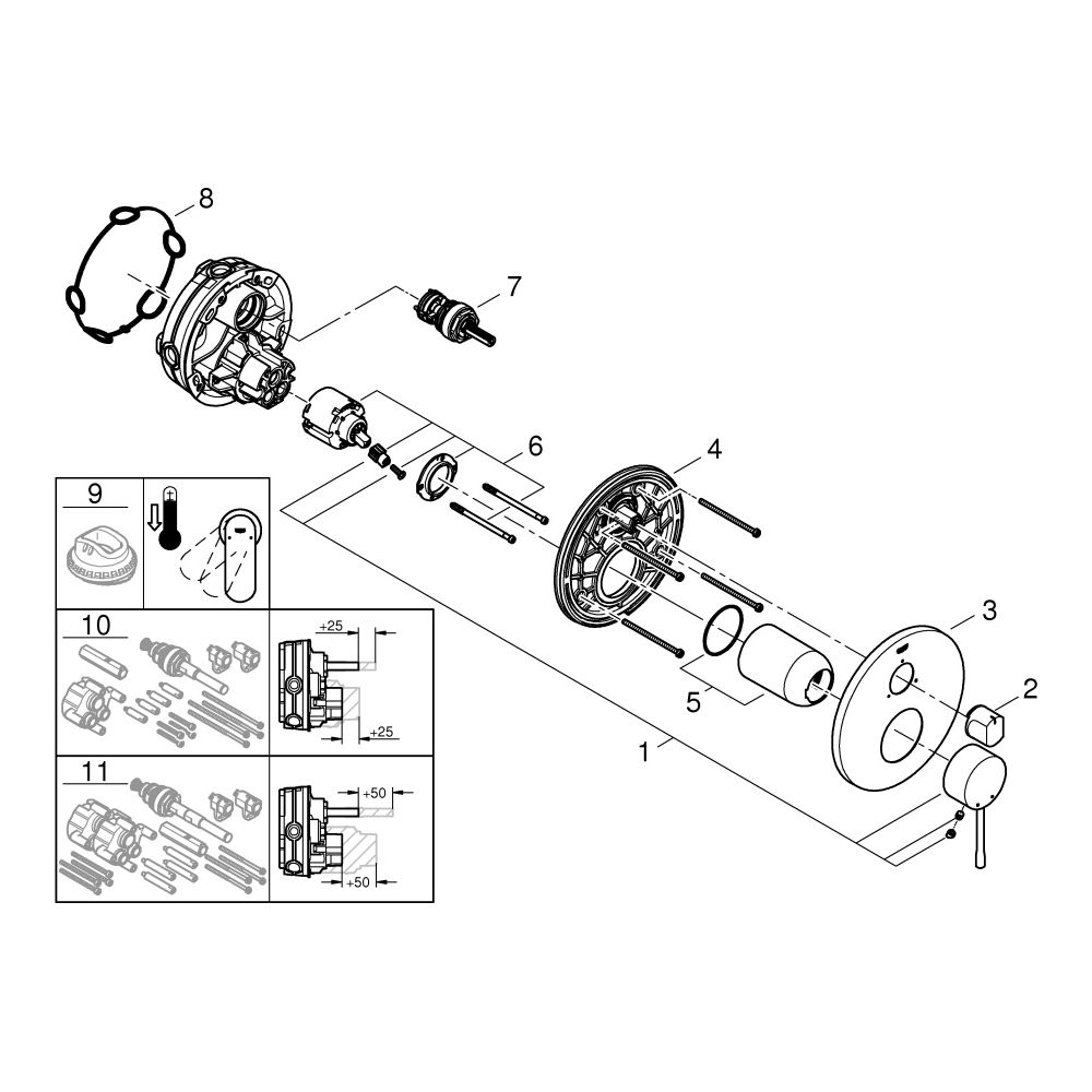 Grohe Essence Einhandbatterie Fertigmontageset, für 3-Wege-Umstellung, Chrom, 24169001... GROHE-24169001 4005176698477 (Abb. 7)