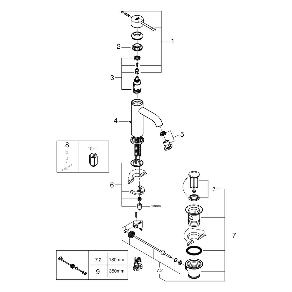 Grohe Essence Einhand-Waschtischbatterie, S-Size, Zugst.-Garn., fester Auslauf, verstel... GROHE-24171001 4005176698309 (Abb. 9)
