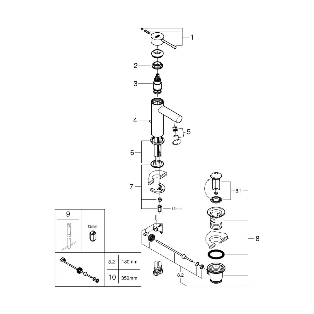 Grohe Essence Einhand-Waschtischbatterie, S-Size, Zugstangen-Garnitur, fester Auslauf, ... GROHE-24183001 4005176698491 (Abb. 8)