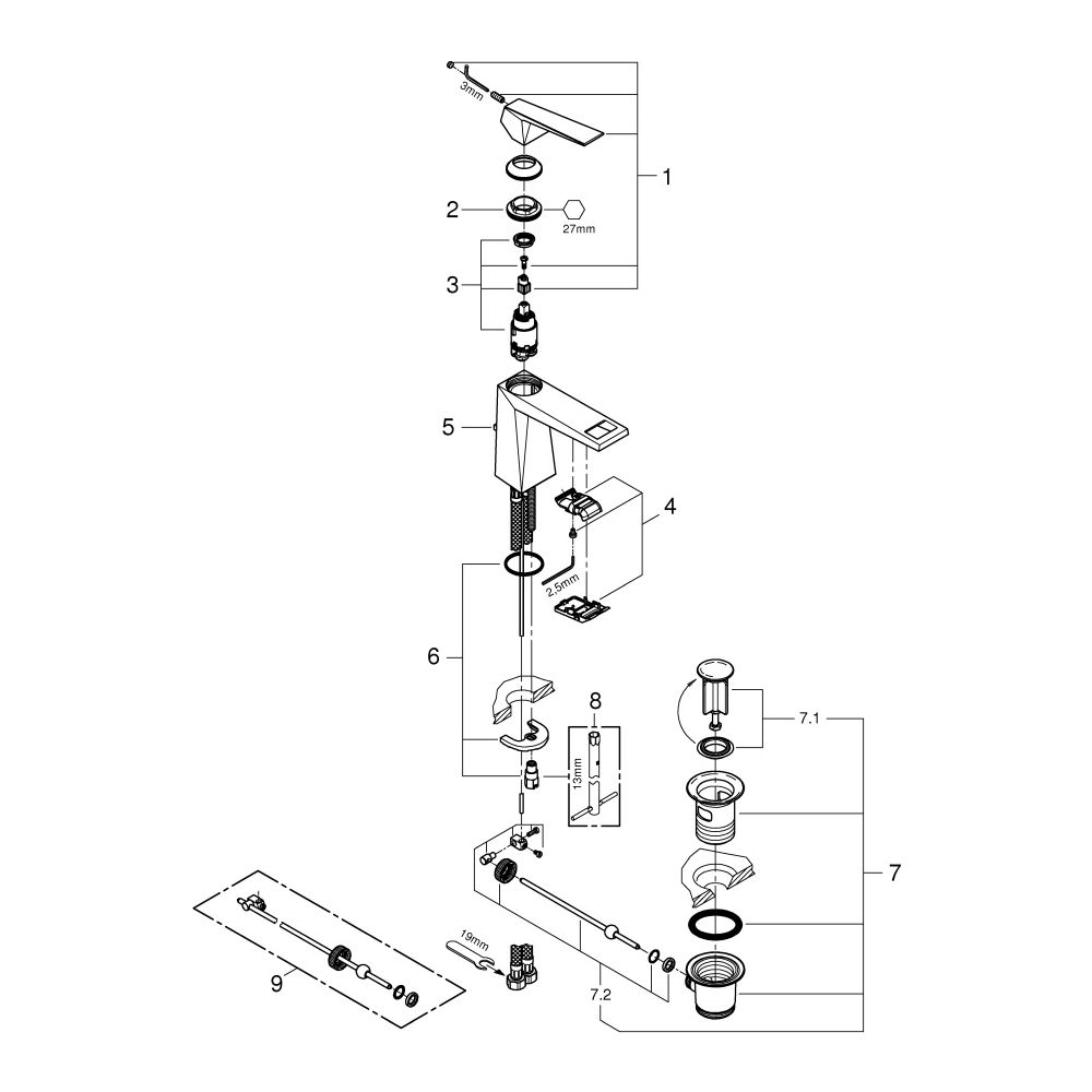 Grohe Allure Brilliant Einhand-Waschtischbatterie, M-Size, Einloch, mit Zugst.-Ablaufga... GROHE-24341AL0 4005176759673 (Abb. 7)