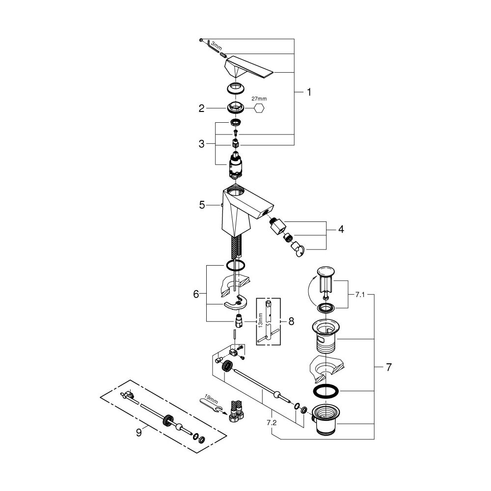 Grohe Allure Brilliant Einhand-Bidetbatterie, 1 1/4" Zugstangen-Garnitur, Chrom, 243470... GROHE-24347000 4005176759833 (Abb. 6)