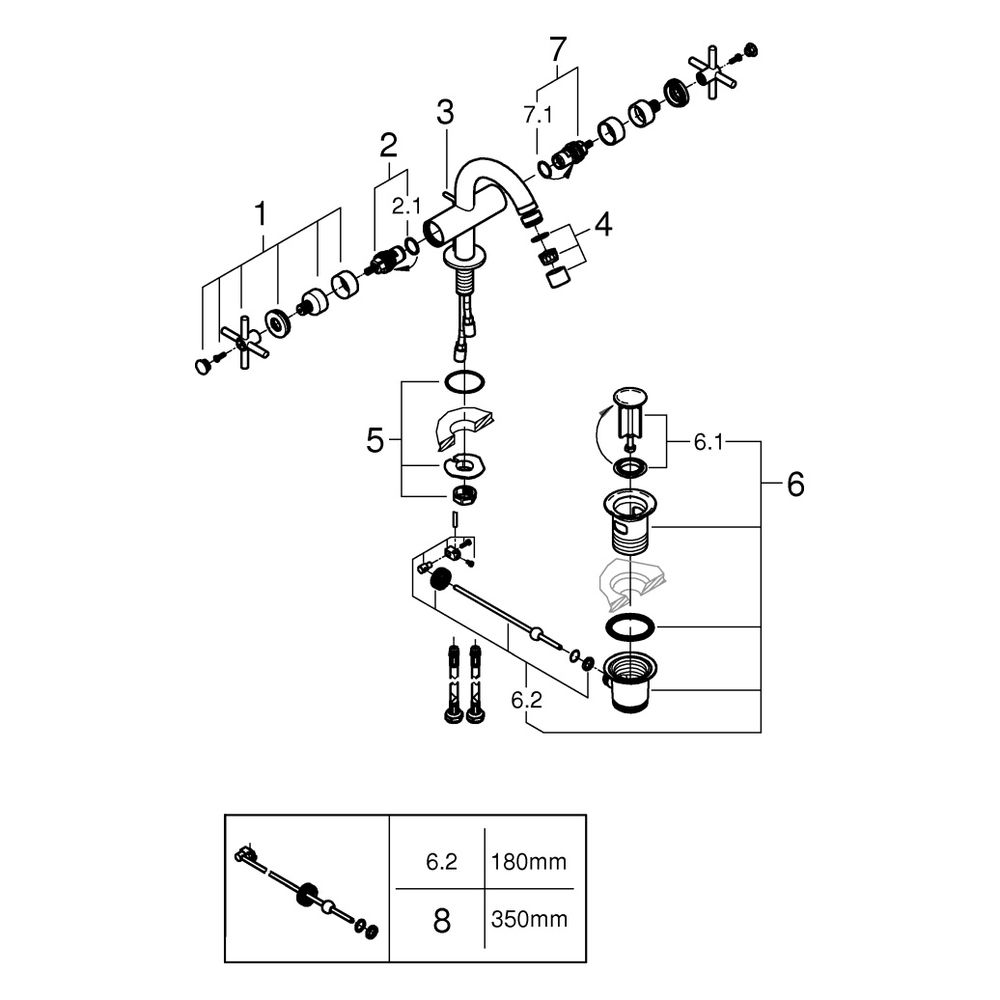 Grohe Atrio Zweigriff-Bidetbatterie, 1-Loch-Montage, mit Kreuzgriffen, Zugstangen-Ablau... GROHE-24353000 4005176761300 (Abb. 5)