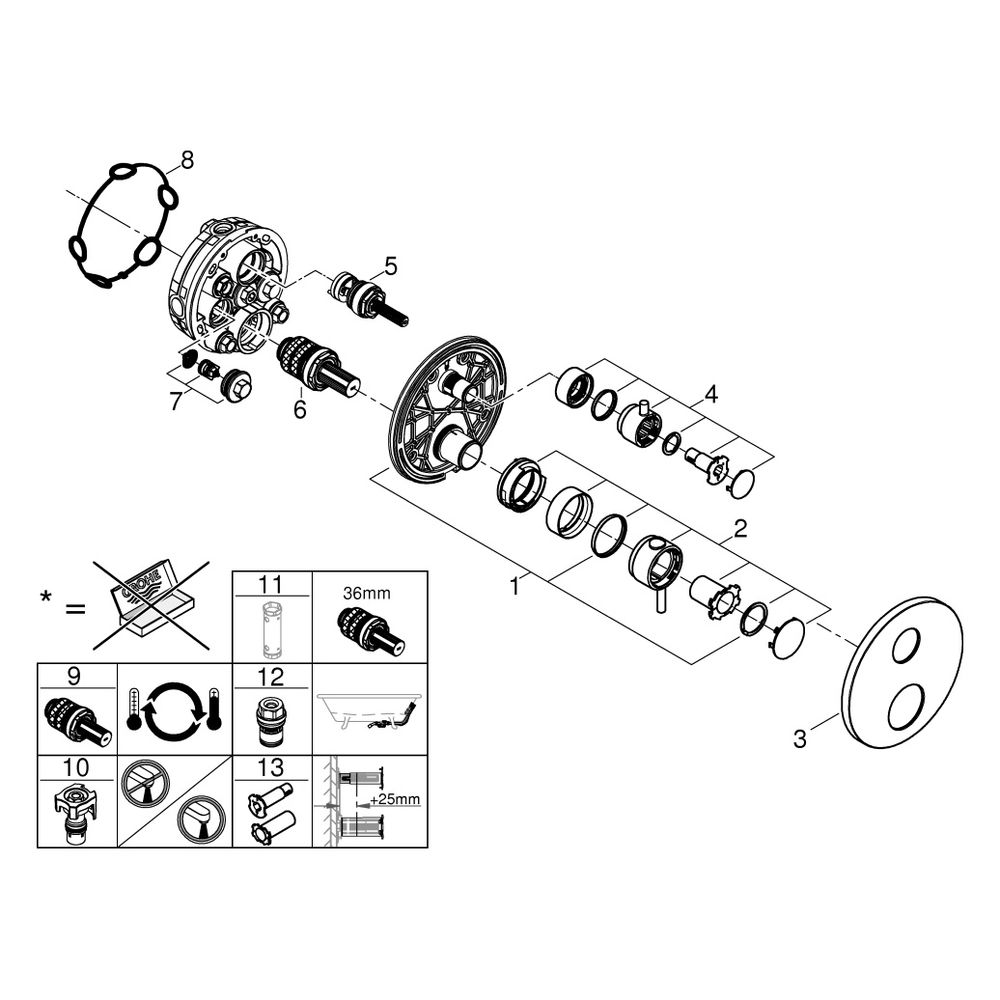 Grohe Atrio Thermostat-Wannenbatterie, mit integrierter 2-Wege-Umstellung, Fertigmontag... GROHE-24359000 4005176762116 (Abb. 8)