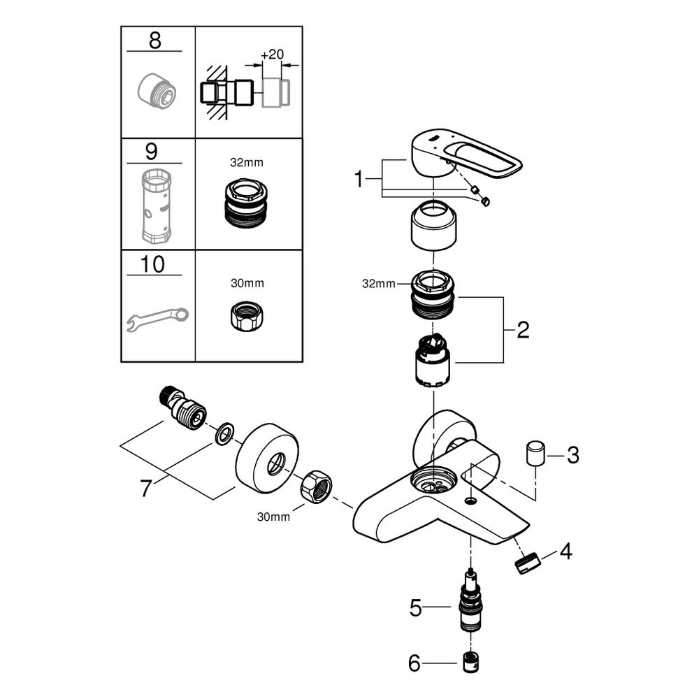 Grohe Eurosmart Einhand-Wannenbatterie, Wandmontage, offener Metall-Hebelgriff, Tempera... GROHE-25241003 4005176644221 (Abb. 6)