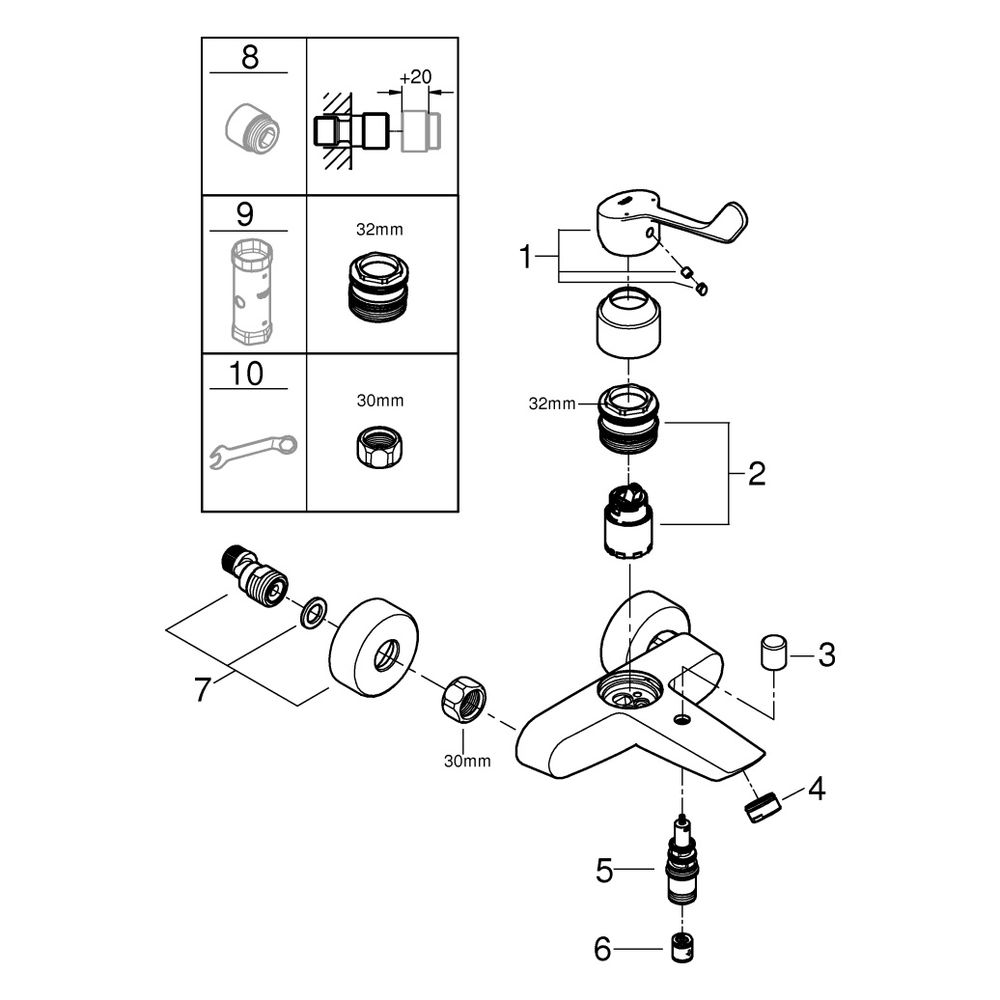 Grohe Eurosmart Einhand-Wannenbatterie, Wandmontage, langer Metallhebel, Temperaturbegr... GROHE-25243003 4005176644320 (Abb. 6)