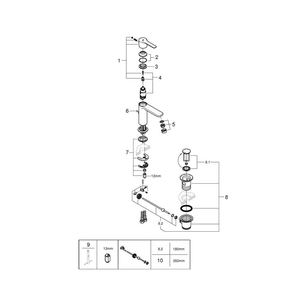 Grohe Lineare Einhand-Waschtischbatterie, XS-Size, 1-Loch-Montage, Zugstangen-Ablaufgar... GROHE-32109DC1 4005176412691 (Abb. 8)