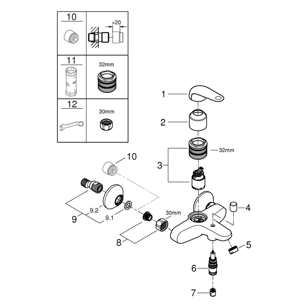 Grohe EuroPro Einhand-Wannenbatterie, Wandmontage, Temperaturbegrenzer, S-Anschlüsse, C... GROHE-32743001 4005176743313 (Abb. 4)