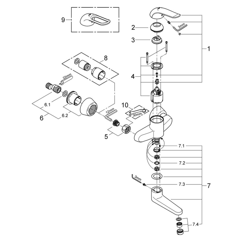 Grohe Eurosmart Care Einhand-Waschtischbatterie, Wandmontage, Ausladung 197mm, 46mm Ker... GROHE-32767000 4005176871078 (Abb. 5)